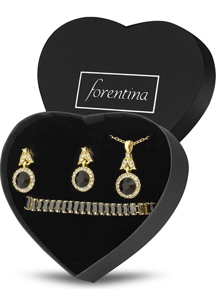 Altın Kaplama Siyah Taşlı Kolye Küpe Bileklik Takı Seti PS3232