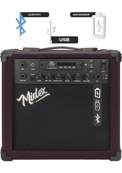 MGA-25BN Elektro Gitar Amfisi 25 Watt USB Bluetooth Şarjlı 2 Girişli