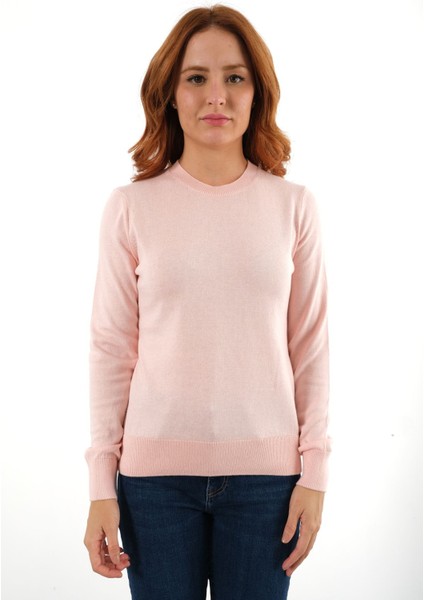 Kadın Pudra %100 Pamuk Bisiklet Yaka Triko Kazak Bluz TRIST-6101