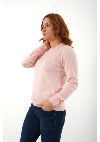 Kadın Pudra %100 Pamuk Bisiklet Yaka Triko Kazak Bluz TRIST-6101 fırsatları