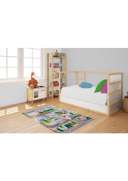 Çocuk Halısı ve Bebek Halısı Yıkanabilir Kaymaz Taban Araba Figürlü Gri Dijital Baskı Halı HC030