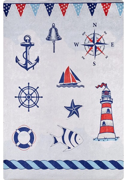 Çocuk Halısı ve Bebek Halısı Yıkanabilir Kaymaz Taban Deniz Figürlü Gri Dijital Baskı Halı HC029