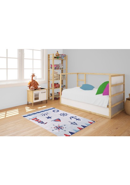 Çocuk Halısı ve Bebek Halısı Yıkanabilir Kaymaz Taban Deniz Figürlü Gri Dijital Baskı Halı HC029