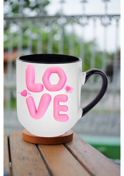 Love Baskılı Hediye Içi Siyah Lüx Kupa Bardak Porselen Çay Kahve Fincanı