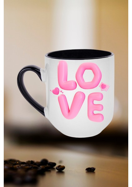Love Baskılı Hediye Içi Siyah Lüx Kupa Bardak Porselen Çay Kahve Fincanı