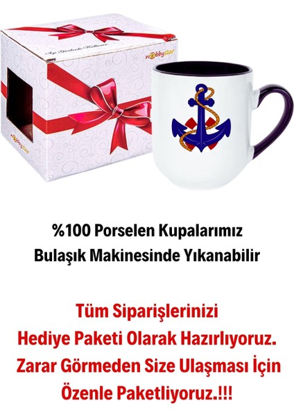 Denizci Çıpa Baskılı Içi Siyah Lüx Kupa Bardak Porselen Çay Kahve Fincanı-9