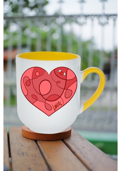 Love Kalp Baskılı Içi Sarı Lüx Kupa Bardak Porselen Çay Kahve Fincanı