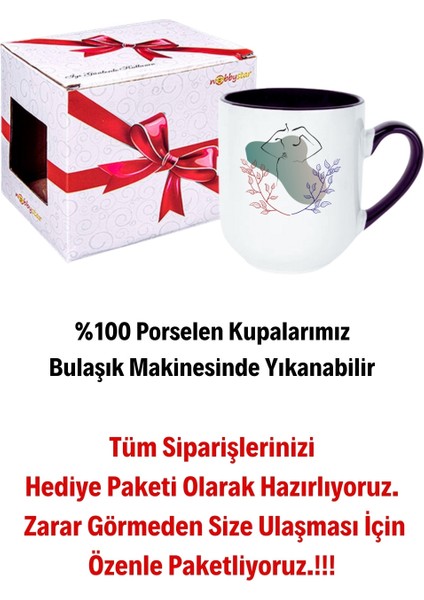 Modern Kadın Sliuet Baskılı Içi Siyah Lüx Kupa Bardak Porselen Çay Kahve Fincanı