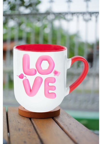 Love Baskılı Hediye Içi Kırmızı Lüx Kupa Bardak Porselen Çay Kahve Fincanı