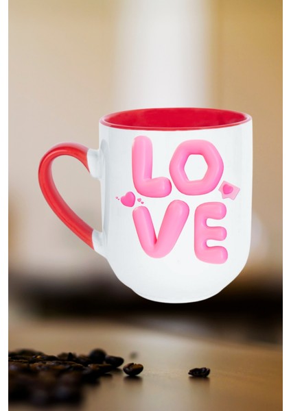 Love Baskılı Hediye Içi Kırmızı Lüx Kupa Bardak Porselen Çay Kahve Fincanı fiyatları