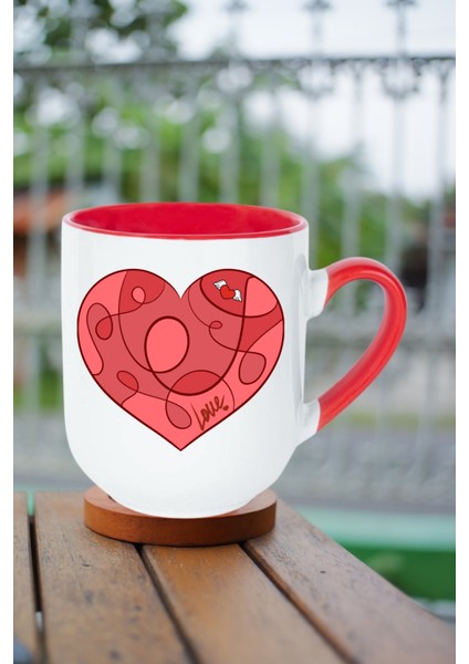 Love Kalp Baskılı Içi Kırmızı Lüx Kupa Bardak Porselen Çay Kahve Fincanı