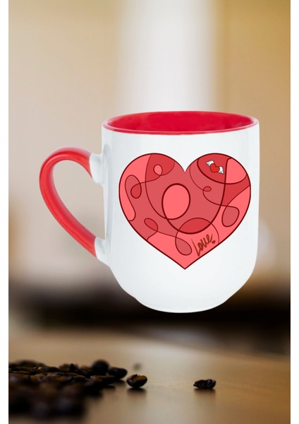 Love Kalp Baskılı Içi Kırmızı Lüx Kupa Bardak Porselen Çay Kahve Fincanı