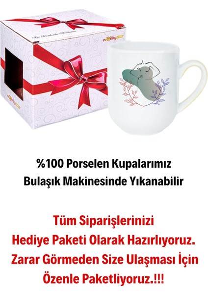 Modern Kadın Sliuet Baskılı Içi Beyaz Lüx Kupa Bardak Porselen Çay Kahve Fincanı