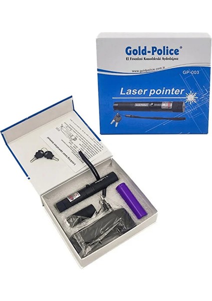 Yeşil Lazer Şarjlı Uzun Menzilli Gold Police GP-003 Pointer Anahtarlı Şık Kutusunda Döner Başlıklı