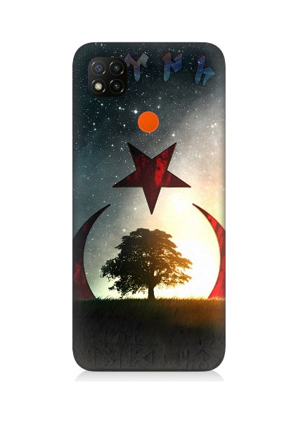 Xiaomi Redmi 9c Uyumlu Göktürkçe Türk ve Ağaç Bayrak Desenli Silikon Kılıf