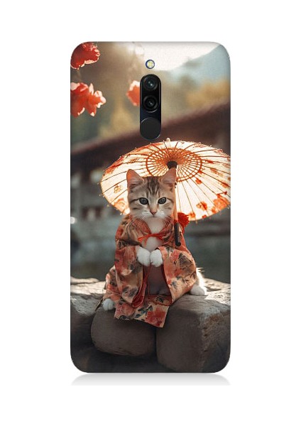 Xiaomi Redmi 8 Uyumlu Geyşa Kıyafetli Kedi Desenli Silikon Kılıf