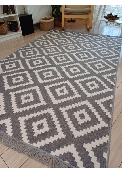 Kilim Modern Desenli Yıkanabilir Çift Taraflı Kilim Gri -Beyaz