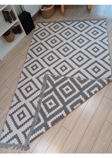 Kilim Modern Desenli Yıkanabilir Çift Taraflı Kilim Gri -Beyaz