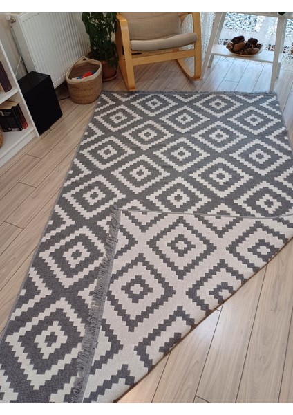 Kilim Modern Desenli Yıkanabilir Çift Taraflı Kilim Gri -Beyaz