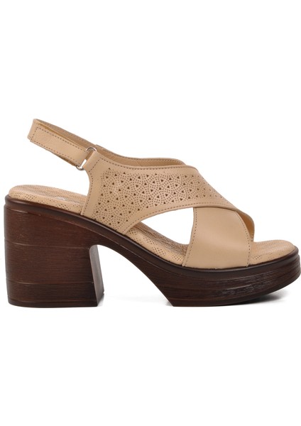 Ayk-523.001 Bej Hakiki Deri Kadın Topuklu Sandalet