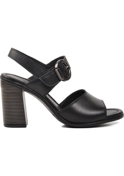 Siyah Hakiki Deri Kadın Topuklu Sandalet