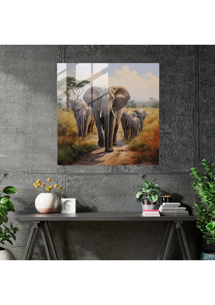 Artistic Glass Print– Serene African Elephant Family, 30X30