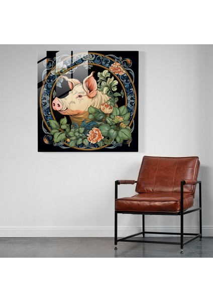 Art Nouveau Inspired Glass Print Of Porky Pig Among Elegant Floral Motifs - Home Decoration, 30X30 fiyatları