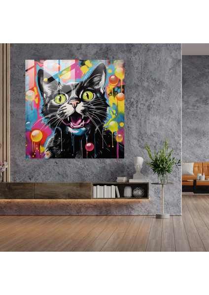 Playful Contemporary Glass Print Of Sylvester The Cat With Vibrant Comic Book-Style Bubbles, 30X30