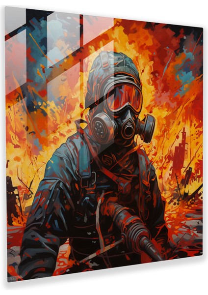 Expressionist Glass Print - Fiery Explosions With Gas Mask-Clad Soldier - High Quality Glass Wall Art For Bold Home Decoration, 30X30
