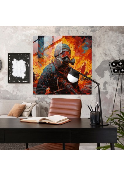 Expressionist Glass Print - Fiery Explosions With Gas Mask-Clad Soldier - High Quality Glass Wall Art For Bold Home Decoration, 30X30 fiyatları