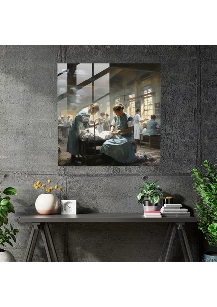 Painted Anarchy Ethereal Impressions Glass Print - Impressionistic Field Hospital With Nurses Glass Wall Art - Home Decoration And Wall Decor, 30X30