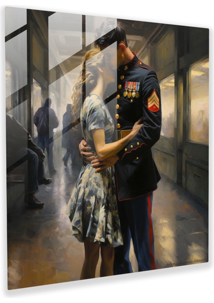 Romantic Glass Print Of Impressionistic Soldier Farewell At A Train Station, 30X30