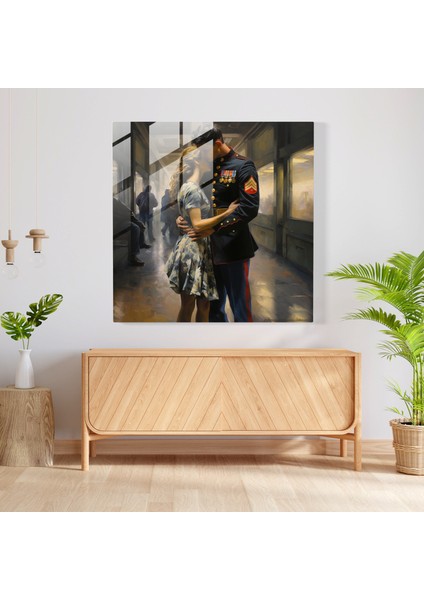 Romantic Glass Print Of Impressionistic Soldier Farewell At A Train Station, 30X30 fiyatları