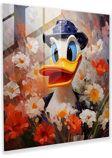 Impressionist Portrait Glass Print Of Daffy Duck Surrounded By Blooming Flowers - Home Decoration, 30X30