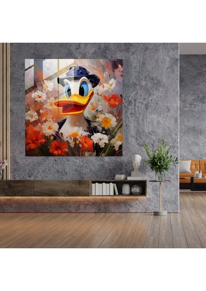 Impressionist Portrait Glass Print Of Daffy Duck Surrounded By Blooming Flowers - Home Decoration, 30X30 fiyatları