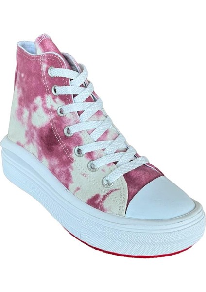 Unisex Yüksek Taban Boğazlı Convers Model Keten Sneaker Spor Ayakkabı Bot Bej - Pembe