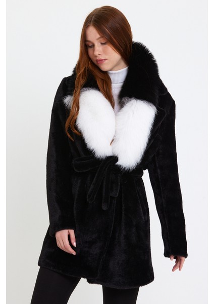 Siyah Alkantara Kumaş Kadın Kaban Yaka Kürklü indirimleri