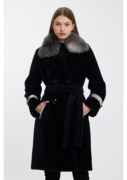 Siyah Alkantara Kaban Yaka Tilki Orijinal Piton Garni MDL1ALK-KS