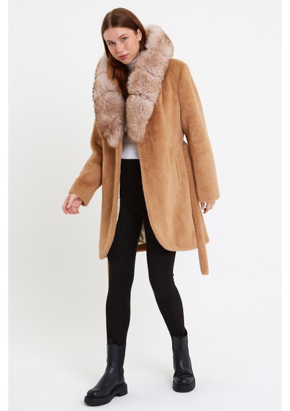 Kamel Alkantara Kumaş Kadın Kaban Kapüşon Tilki Kürklü - Ovlkpş fırsatları