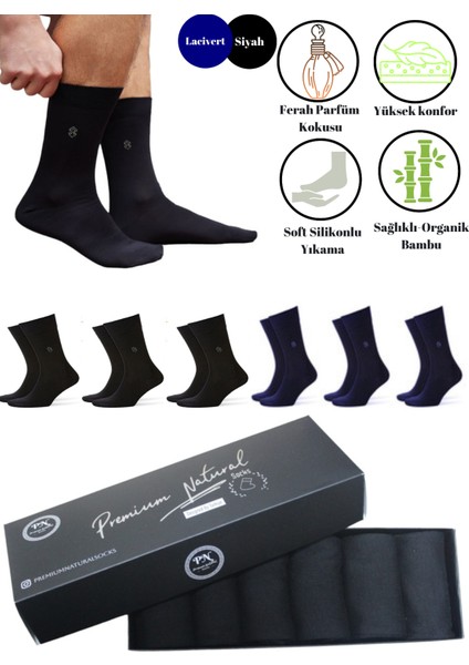 Premium Natural Socks Bambu Erkek Soket Uzun Düz Siyah Çorap Dikişsiz Premium Kutulu 6'lı