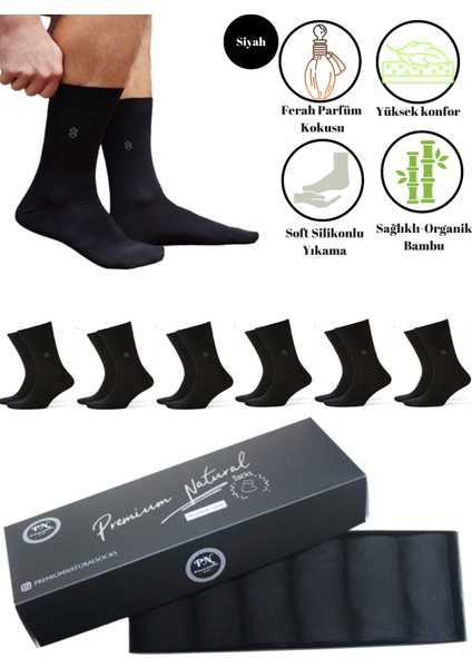 Premium Natural Socks Bambu Erkek Soket Uzun Düz Siyah Çorap Dikişsiz Premium Kutulu 6'lı