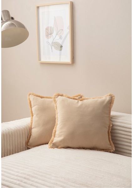 Home Saçaklı Tek Renk 43X43 Kırlent Kılıfı Bej