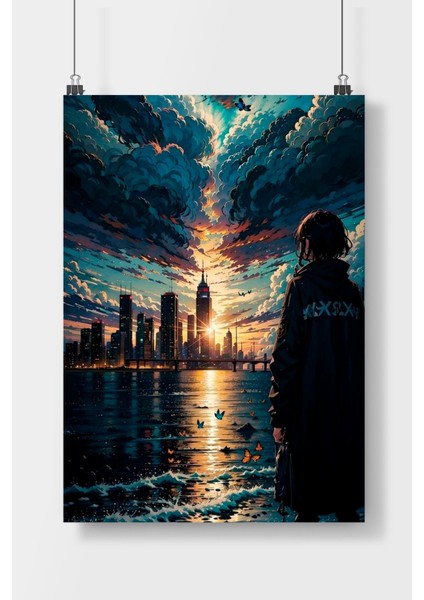 Bulutlu Sanatsal Manzara Anime Poster Çerçevesiz Parlak Kağıt