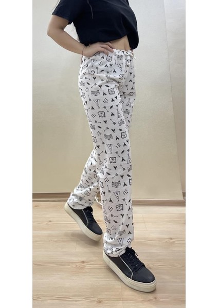 Kadın Lastikli Bel %100 Pamuklu Kurdeleli Desenli Pijama Altı fırsatları