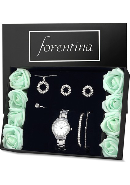 Gümüş Kaplama Taşlı Kolye Küpe Yüzük Bileklik Saat Yapay Güllü Kutuda Hediye Set PS3371