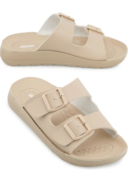 Yazlık Kadın Rahat Taban Suni Deri Çift Toka Ayarlanabilir Günlük Terlik