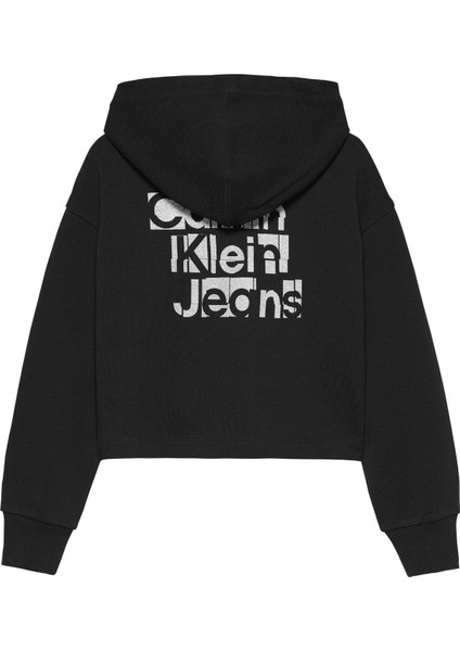 Baskılı Kız Çocuk Siyah Sweatshırt Metallıc Ckj Back Logo Hoodıe