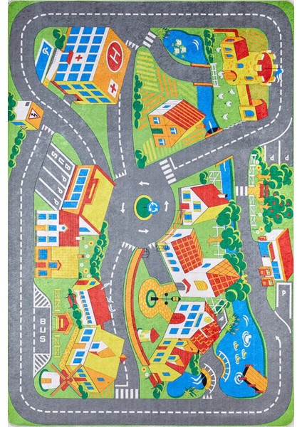 Çocuk Halısı Ve Bebek Halısı Yıkanabilir Kaymaz Taban Figürlü Gri Renkli Dijital Baskı Halı Hc040