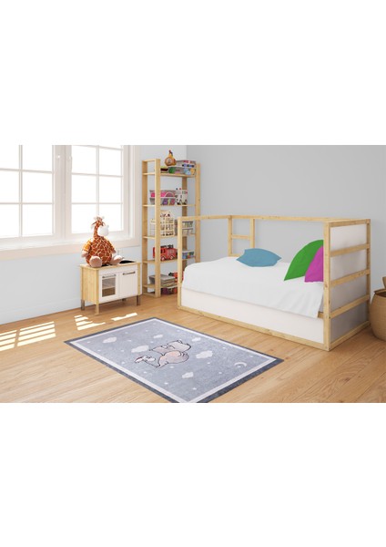 Çocuk Halısı Ve Bebek Halısı Yıkanabilir Kaymaz Taban Figürlü Gri Dijital Baskı Halı Hc028