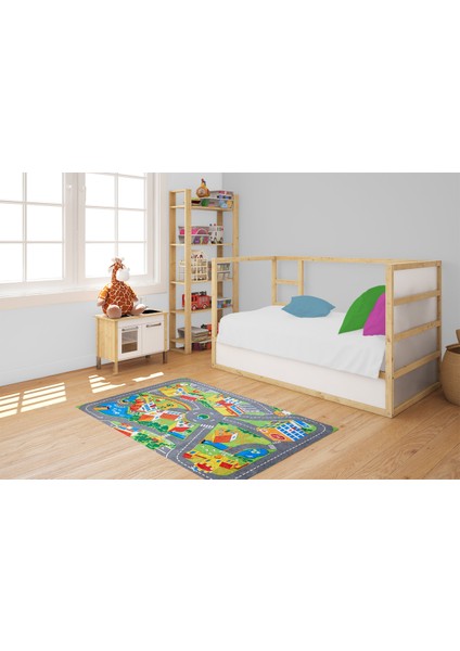 Çocuk Halısı Ve Bebek Halısı Yıkanabilir Kaymaz Taban Figürlü Gri Renkli Dijital Baskı Halı Hc040